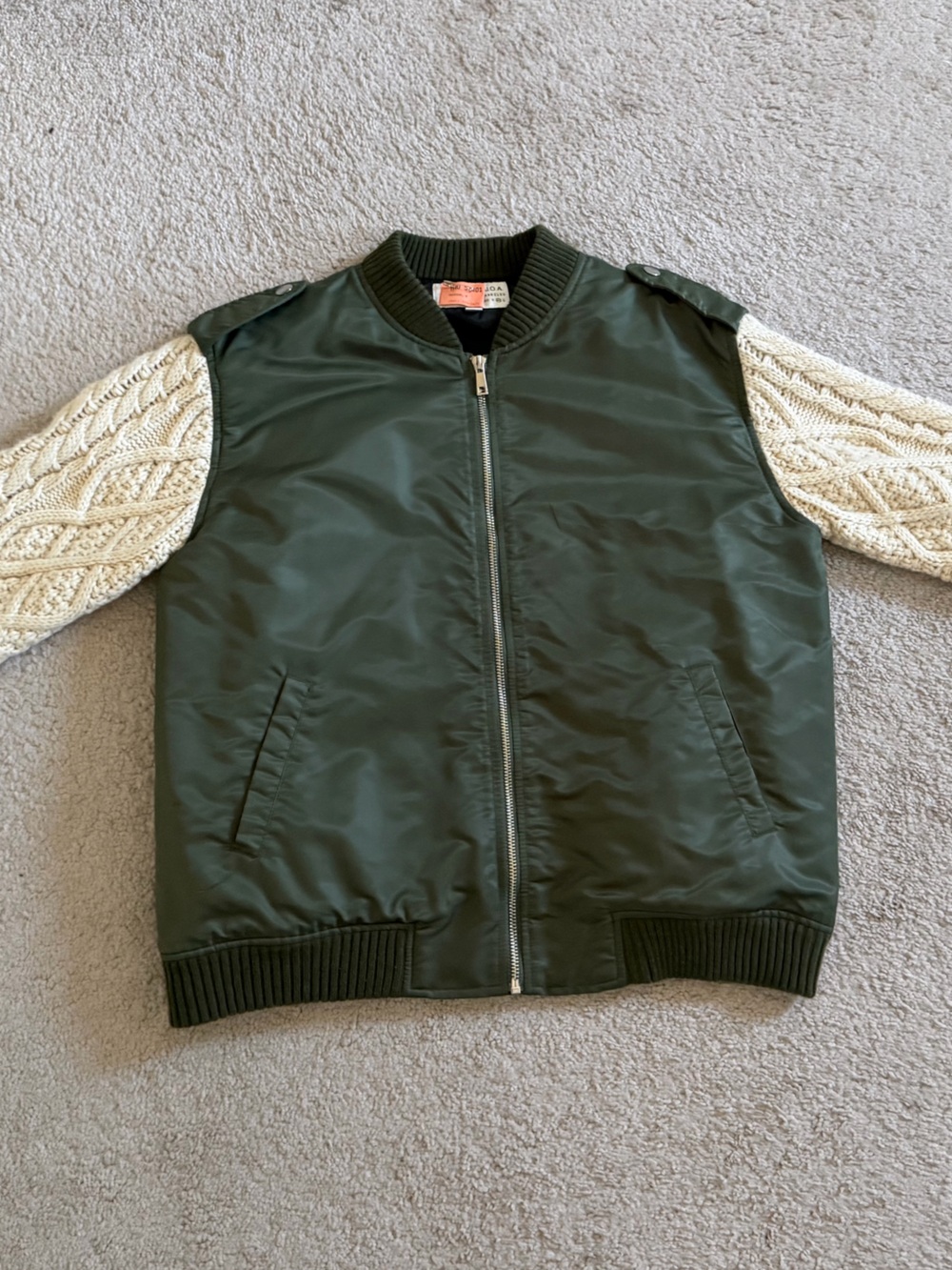 J.O.A. Olive Nylon Bomber Jacket with Cream Cable-Knit Sleeves